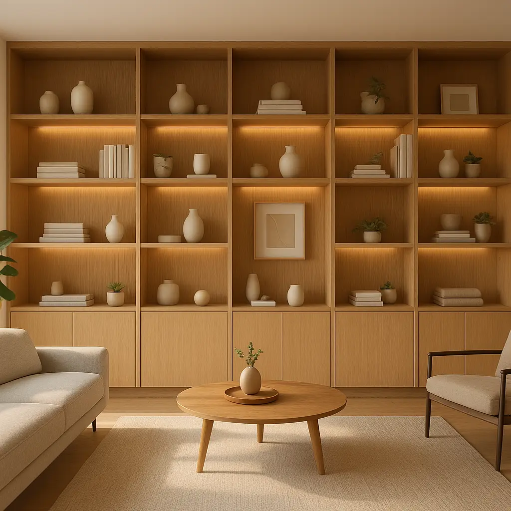 Wohnzimmer mit massgefertigter Regalwand